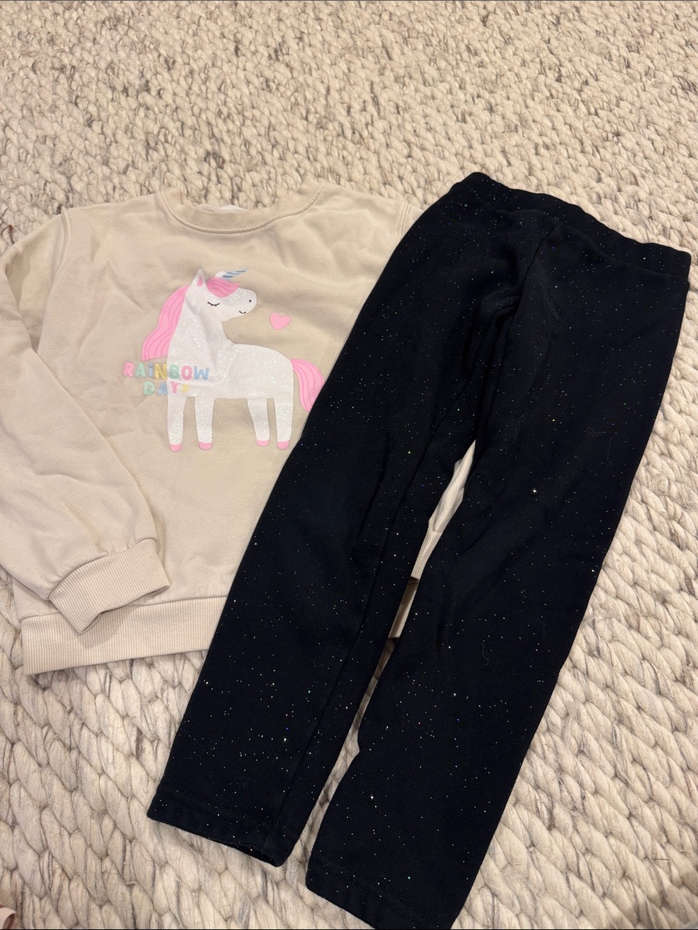 H&M Black Glitter Leggings with Cream Unicorn Top Set